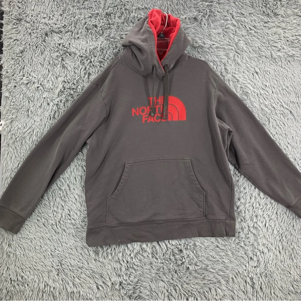 North Face Hoodie Mens Large Gray Red Pullover Kangaroo Pocket